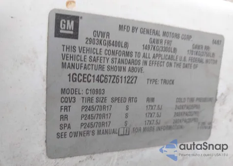 2007 Chevrolet Silverado 1500 Work Truck z USA, uszkodzony, nr VIN 1GCEC14C67Z611227